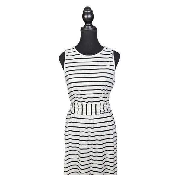 Banana Republic Black and White Striped Midi Dress – Soft Stretch, Tie Waist - Picture 2 of 7